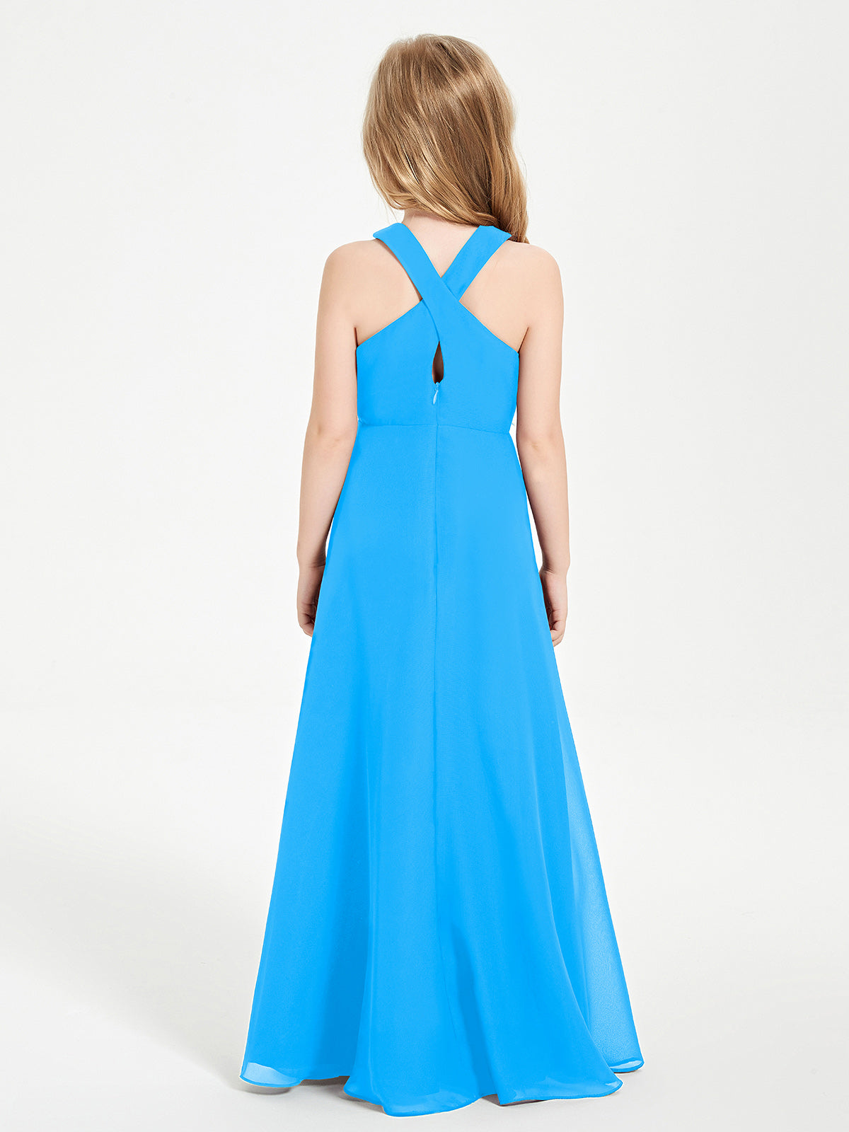 Grecian Neckline Long Dresses for Junior Bridesmaids Ocean Blue